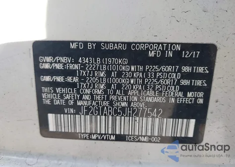 2018 Subaru Crosstrek 2.0I Premium z USA, uszkodzony, nr VIN JF2GTABC5JH277542